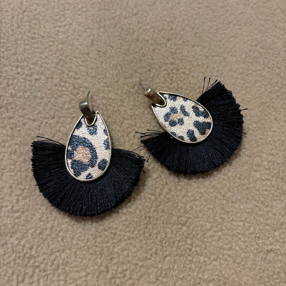Leopard Print and Black Fringe Earrings